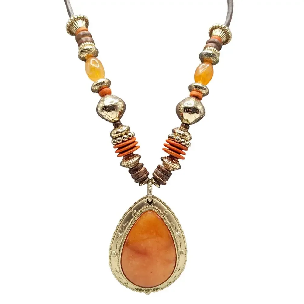 Chico's Beaded Gemstone Pendant Necklace, Leather Cord, 21 1/2